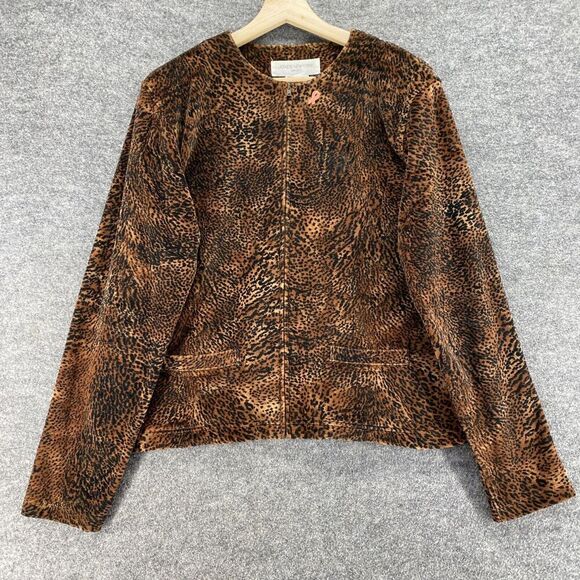 Jones New York Jacket Women L Large Brown Animal Print Full Zip Long Sleeve - Picture 1 of 6